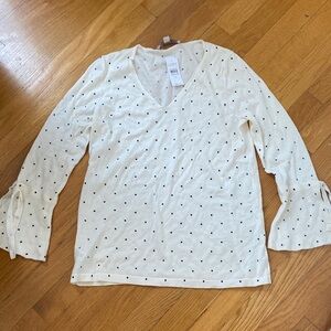 LOFT Ivory Polka Dot Blouse with Tie Sleeves